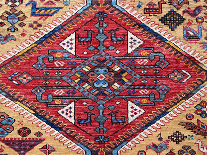 Ersari Kazak hand-knotted wool rug in Yellow & Red, 8'7" x 9'11" — SKU O0558 (view 8)