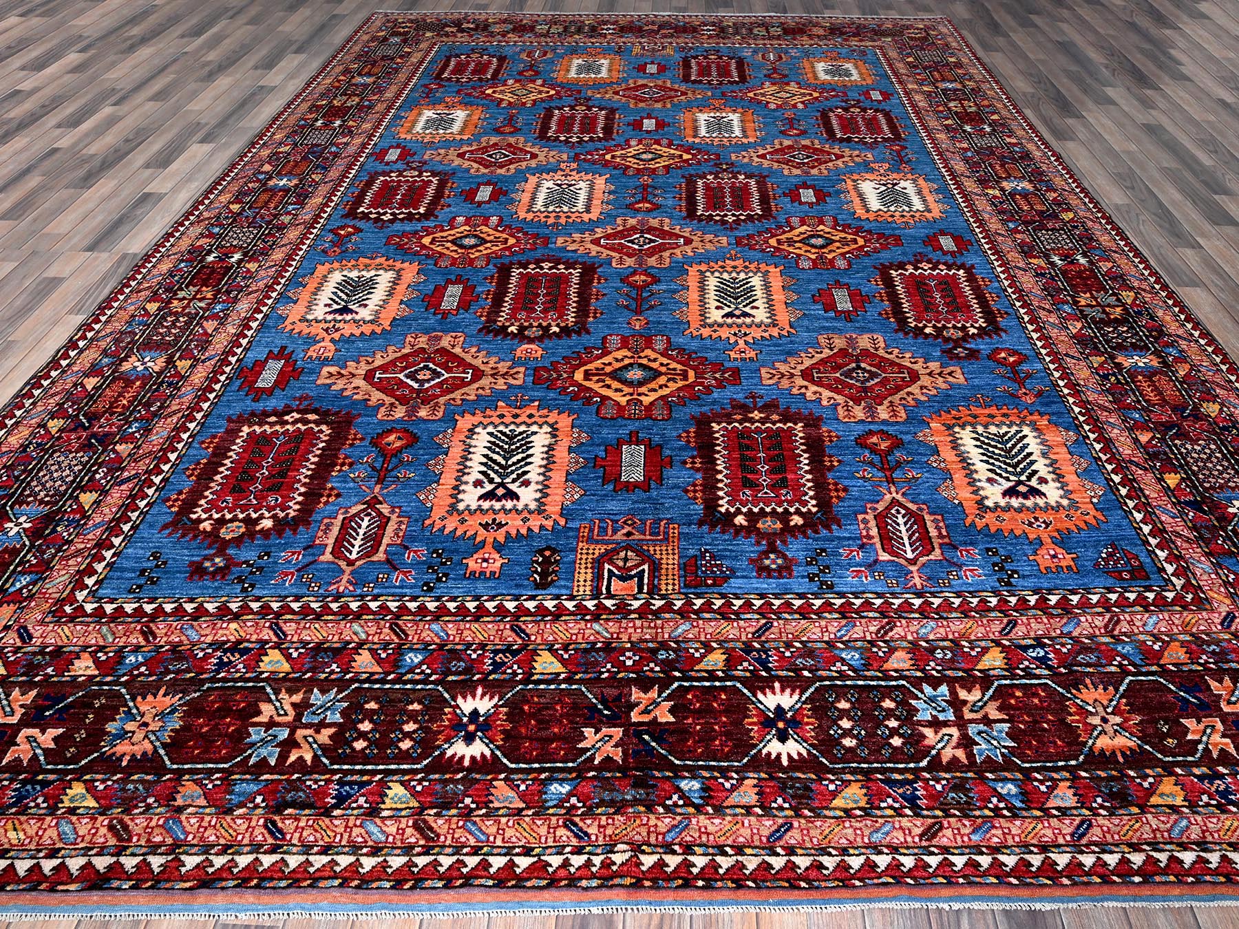 Ersari Kazak hand-knotted wool rug in Blue & Brown, 10'1" x 13'4" — SKU O0563 (view 2)