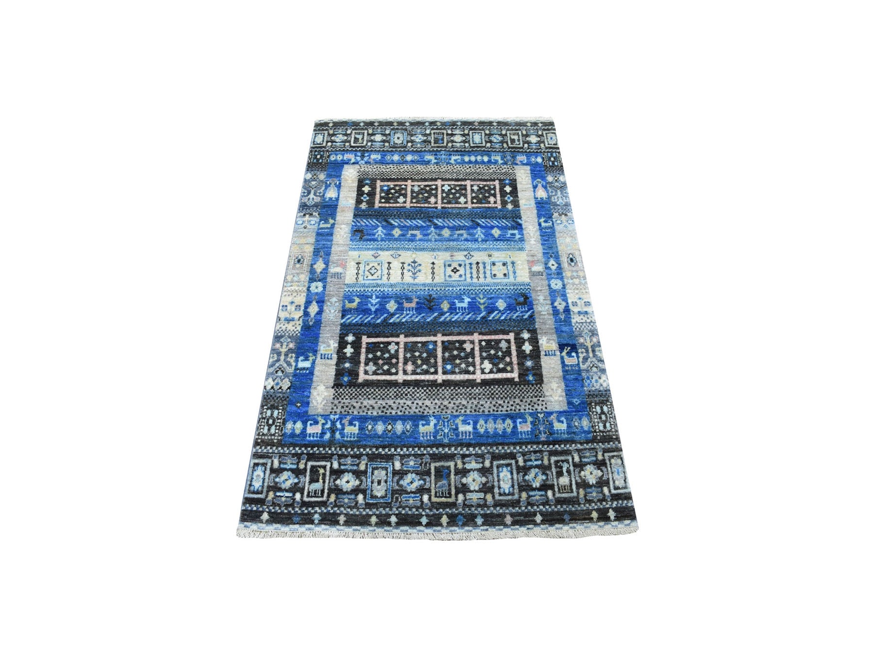 Gabbeh Tribal & Geometric hand-knotted wool rug in Blue, 2'10" x 4'10" — SKU O056457