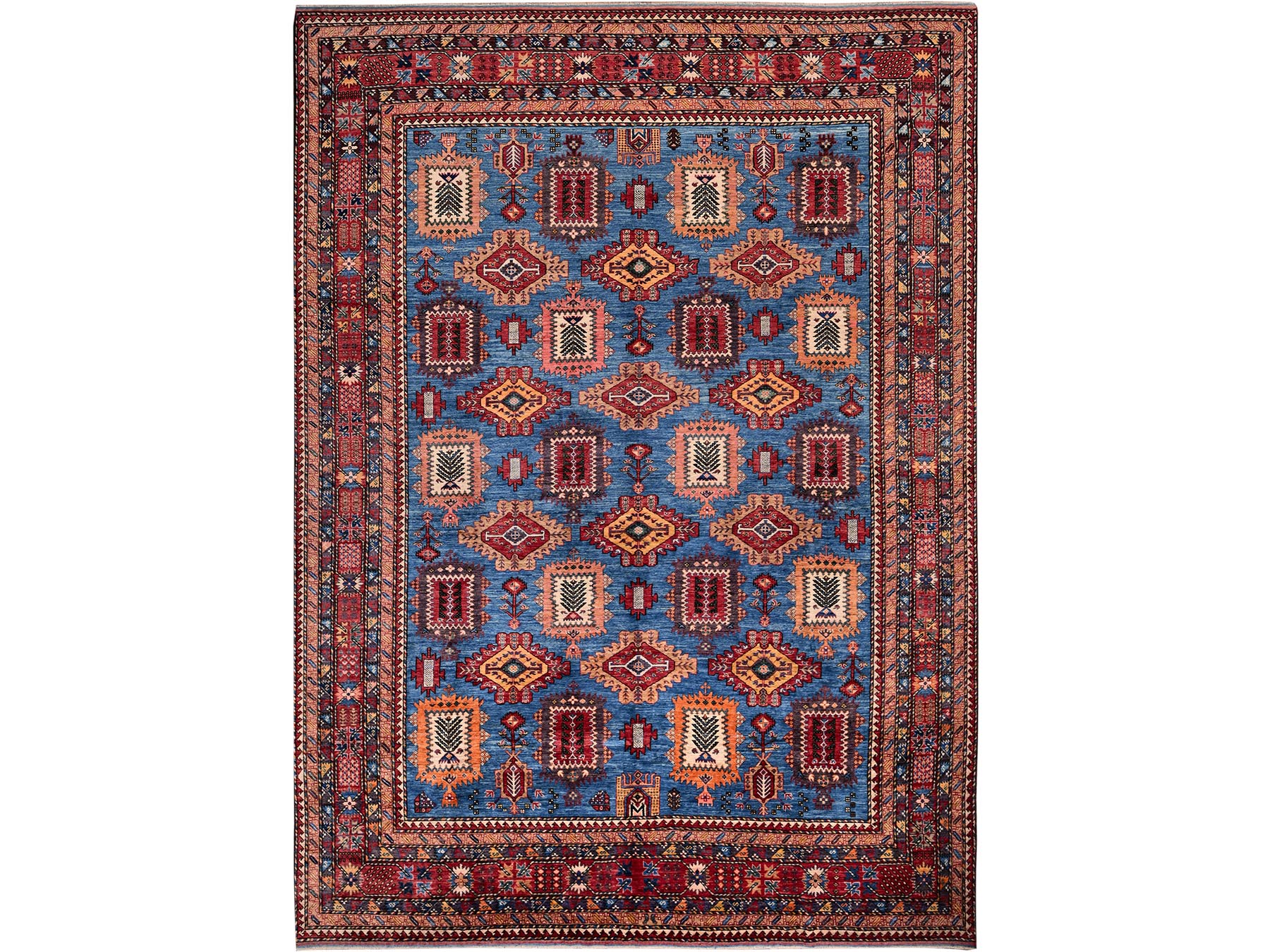 Ersari Kazak hand-knotted wool rug in Blue & Red, 9'11" x 13'6" — SKU O0565
