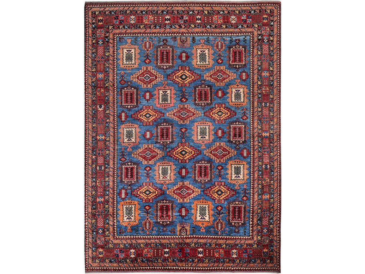 Ersari Kazak hand-knotted wool rug in Blue & Red, 9'11" x 13'6" — SKU O0565