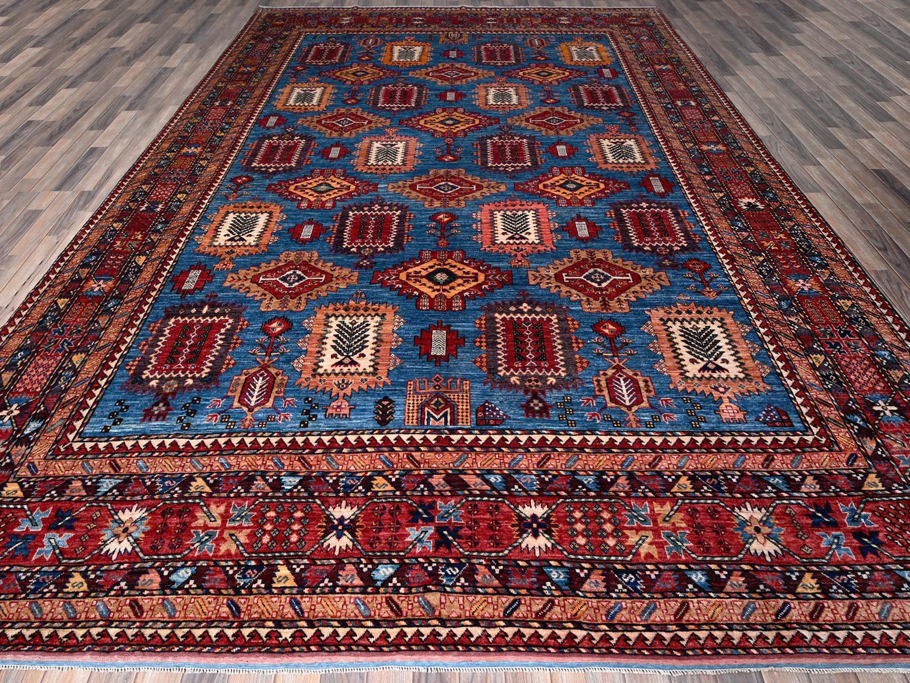 Ersari Kazak hand-knotted wool rug in Blue & Red, 9'11" x 13'6" — SKU O0565 (view 2)