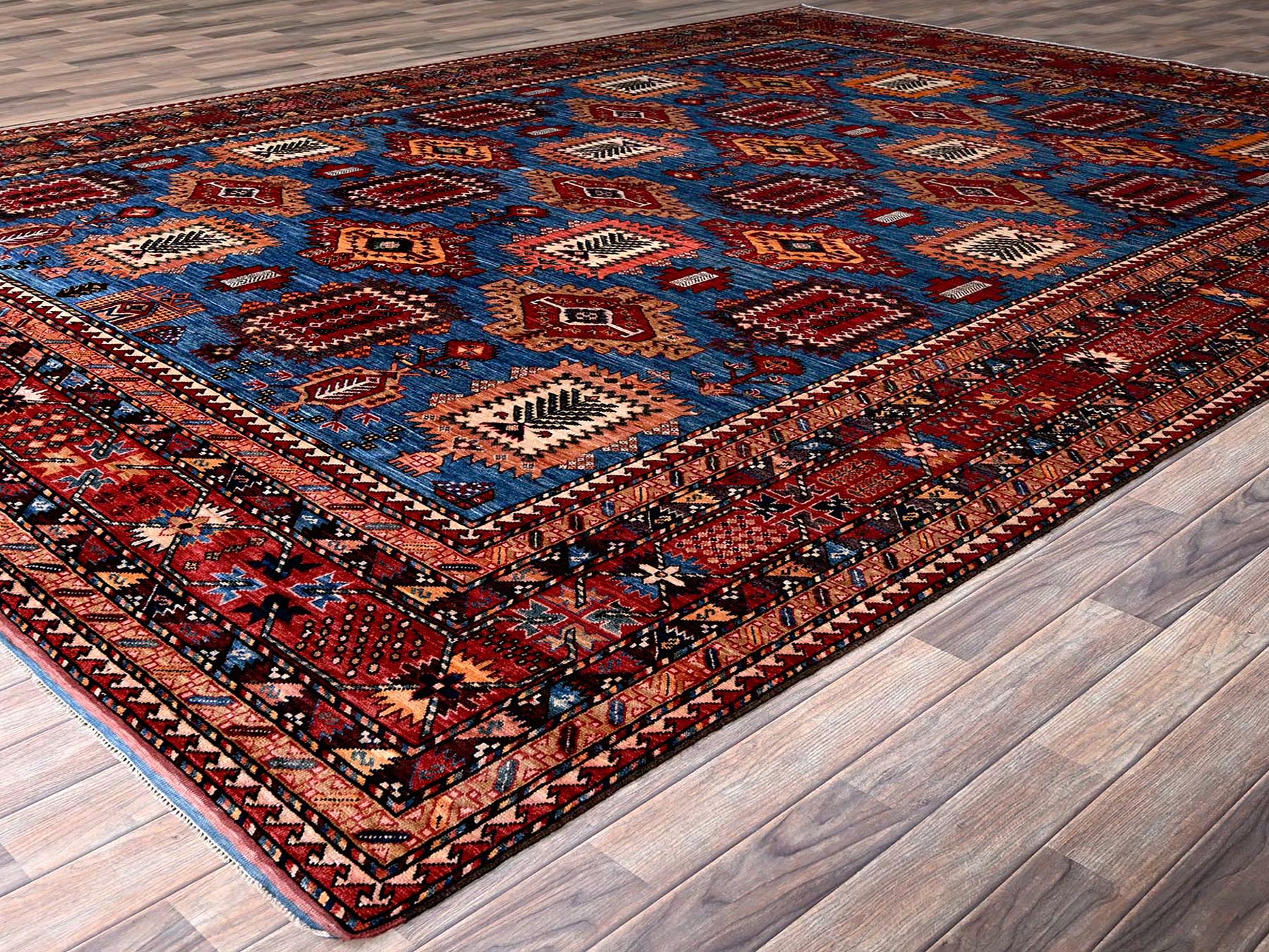 Ersari Kazak hand-knotted wool rug in Blue & Red, 9'11" x 13'6" — SKU O0565 (view 3)