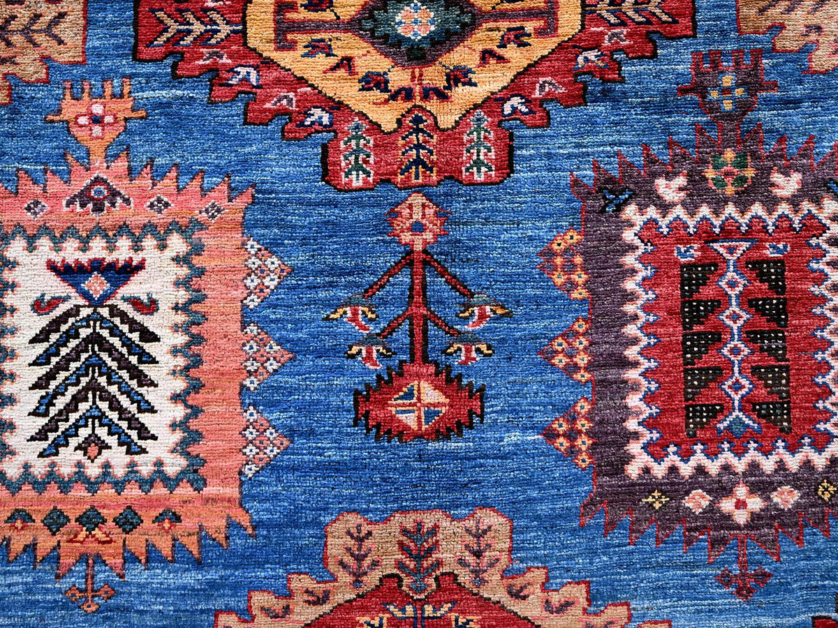 Ersari Kazak hand-knotted wool rug in Blue & Red, 9'11" x 13'6" — SKU O0565 (view 8)