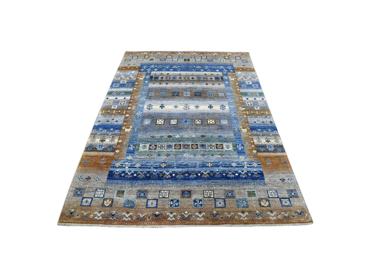 Gabbeh Tribal hand-knotted wool rug in Gray, 5'8" x 7'10", SKU O056617