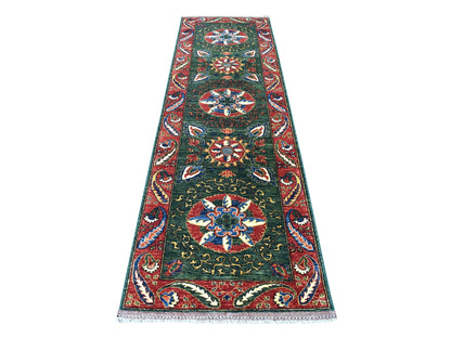 Green 2'9" x 9'7" Tribal Hand knotted Wool Rug - Sku: O056752