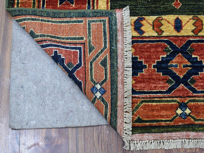 Green 4'0" x 9'8" Tribal Hand knotted Wool Rug - Sku: O056785