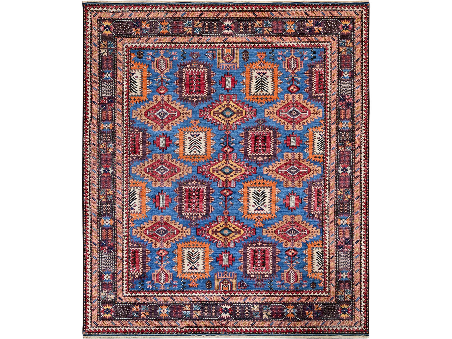 Ersari Kazak hand-knotted wool rug in Blue & Brown, 8'3" x 9'6" — SKU O0567