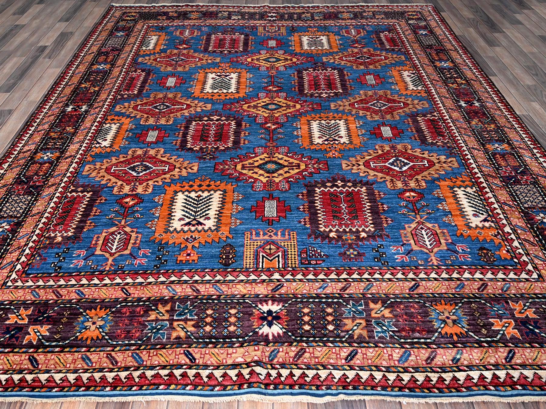 Ersari Kazak hand-knotted wool rug in Blue & Brown, 8'3" x 9'6" — SKU O0567 (view 2)