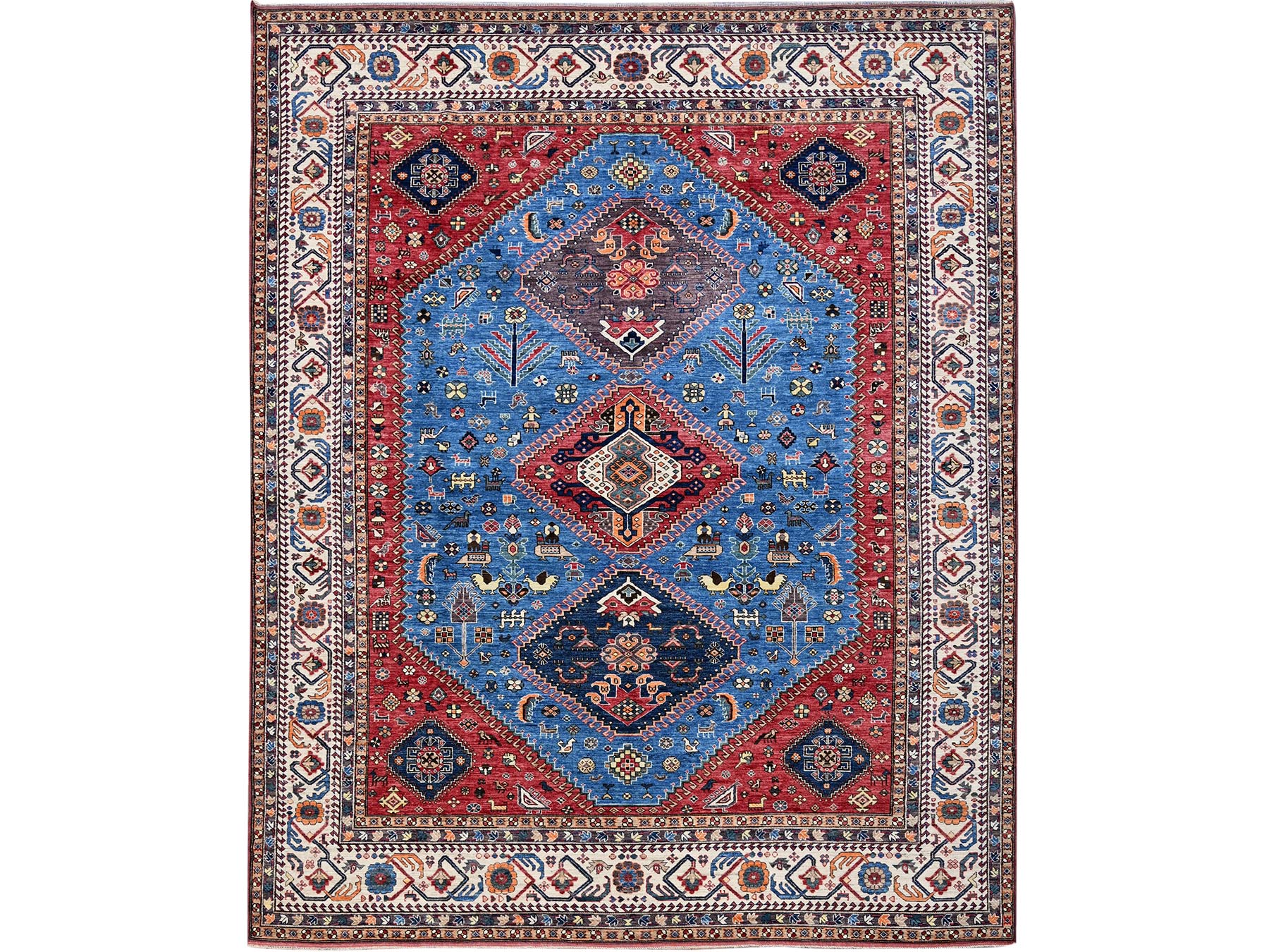 Ersari Kazak hand-knotted wool rug in Blue & Ivory, 9'3" x 11'7" — SKU O0568