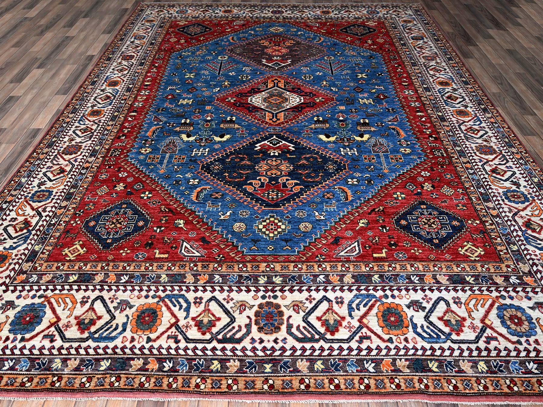 Ersari Kazak hand-knotted wool rug in Blue & Ivory, 9'3" x 11'7" — SKU O0568 (view 2)