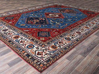 Ersari Kazak hand-knotted wool rug in Blue & Ivory, 9'3" x 11'7" — SKU O0568 (view 3)
