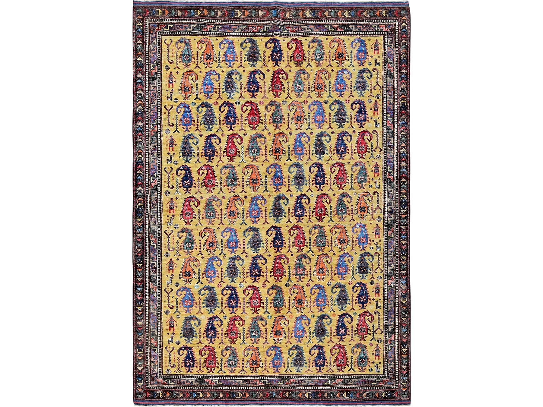 Ersari Kazak hand-knotted wool rug in Yellow & Multicolor, 6'1" x 8'10" — SKU O0574