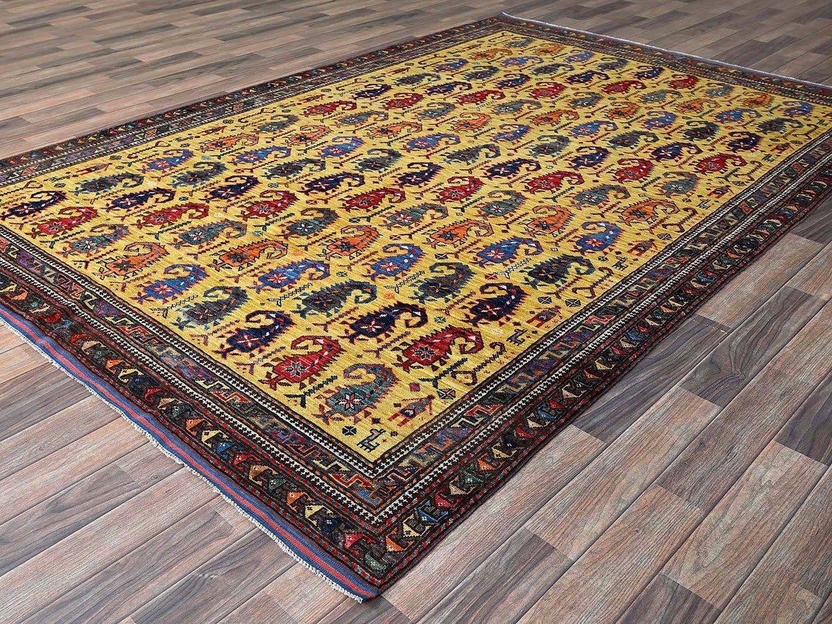 Ersari Kazak hand-knotted wool rug in Yellow & Multicolor, 6'1" x 8'10" — SKU O0574 (view 4)