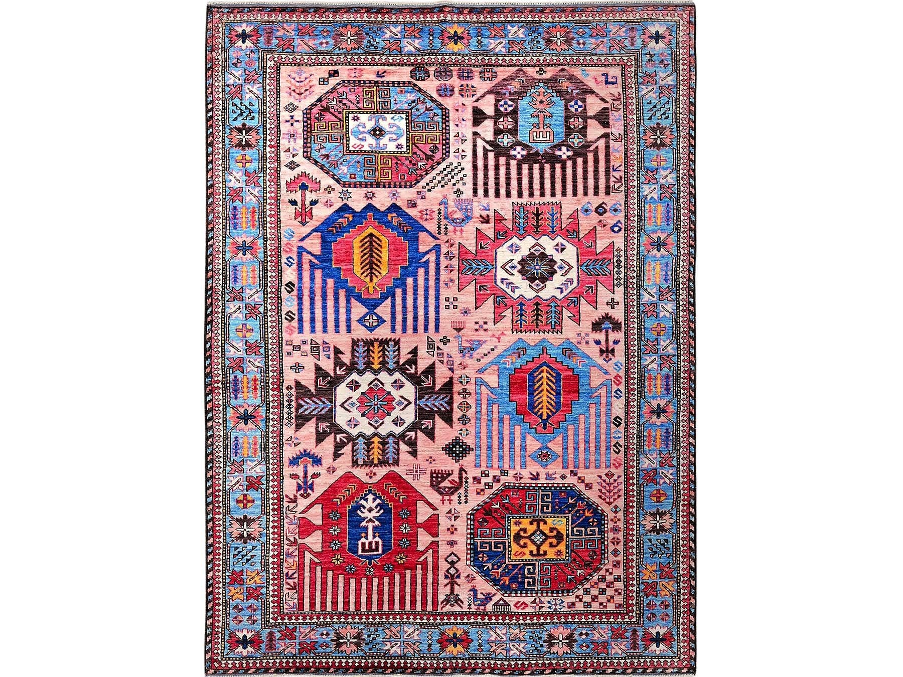 Ersari Kazak hand-knotted wool rug in Pink & Light Blue, 6' x 8'2" — SKU O0575