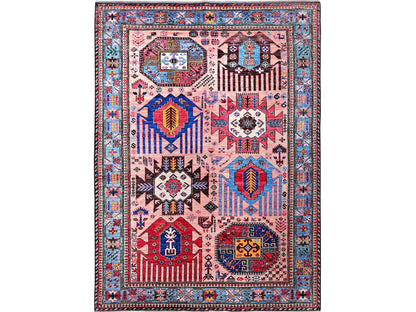 Ersari Kazak hand-knotted wool rug in Pink & Light Blue, 6' x 8'2" — SKU O0575