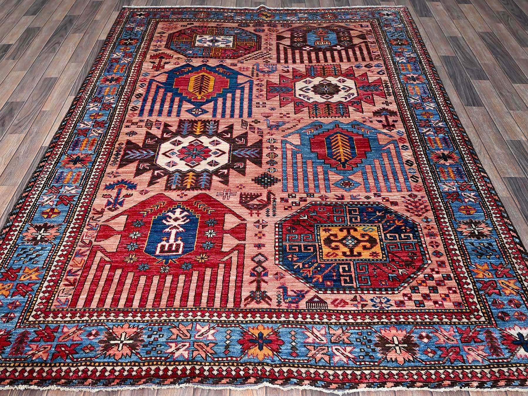 Ersari Kazak hand-knotted wool rug in Pink & Light Blue, 6' x 8'2" — SKU O0575 (view 3)