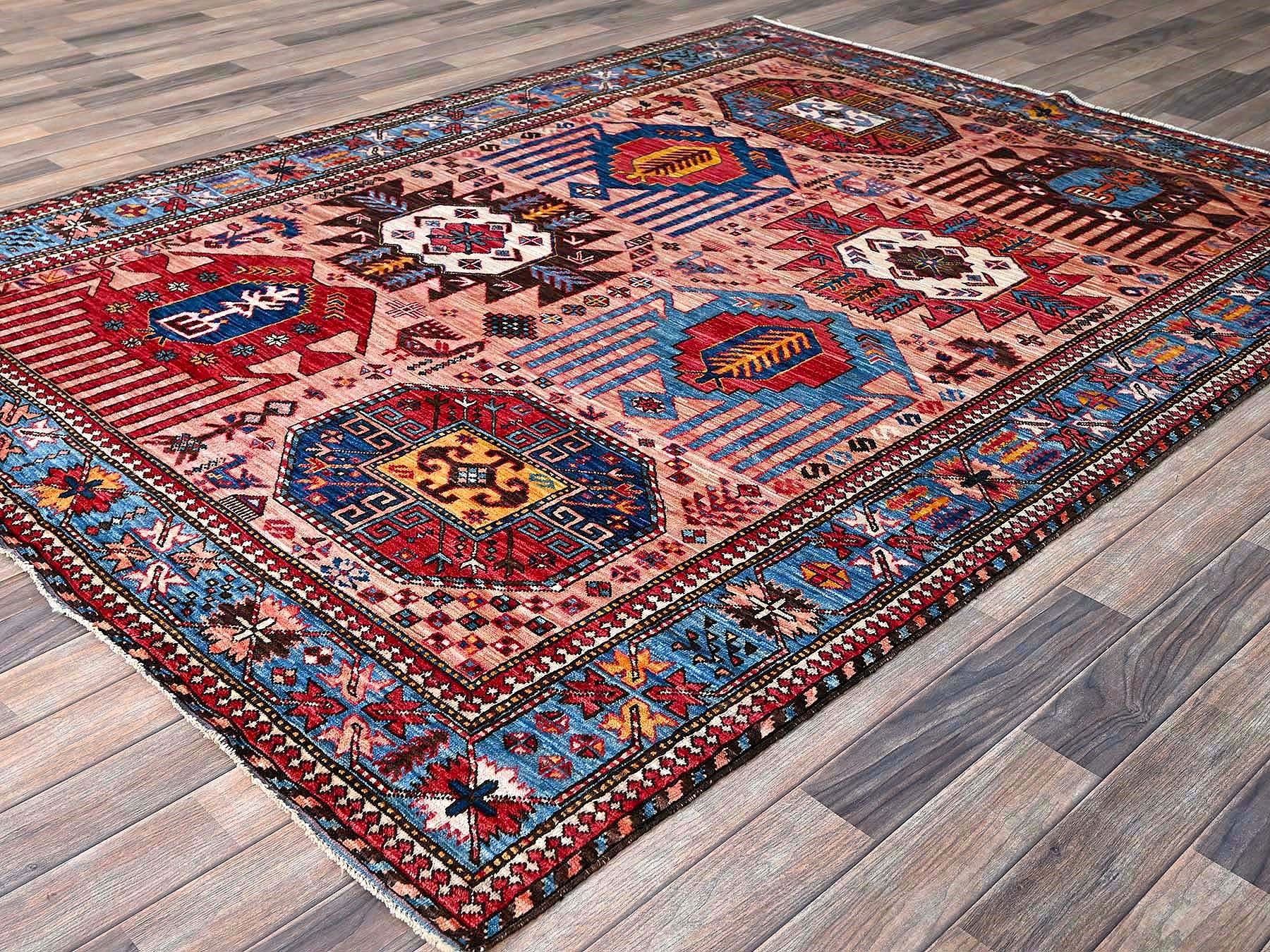 Ersari Kazak hand-knotted wool rug in Pink & Light Blue, 6' x 8'2" — SKU O0575 (view 4)