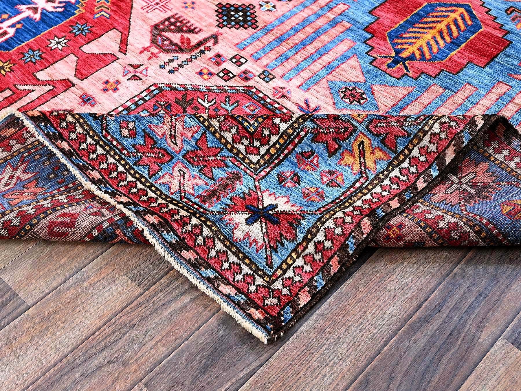 Ersari Kazak hand-knotted wool rug in Pink & Light Blue, 6' x 8'2" — SKU O0575 (view 7)