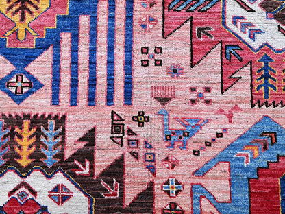 Ersari Kazak hand-knotted wool rug in Pink & Light Blue, 6' x 8'2" — SKU O0575 (view 9)