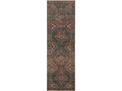 Green 3'7" x 12'3" Vintage Hand knotted Wool Rug - Sku: O057646