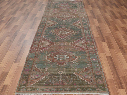Green 3'7" x 12'3" Vintage Hand knotted Wool Rug - Sku: O057646