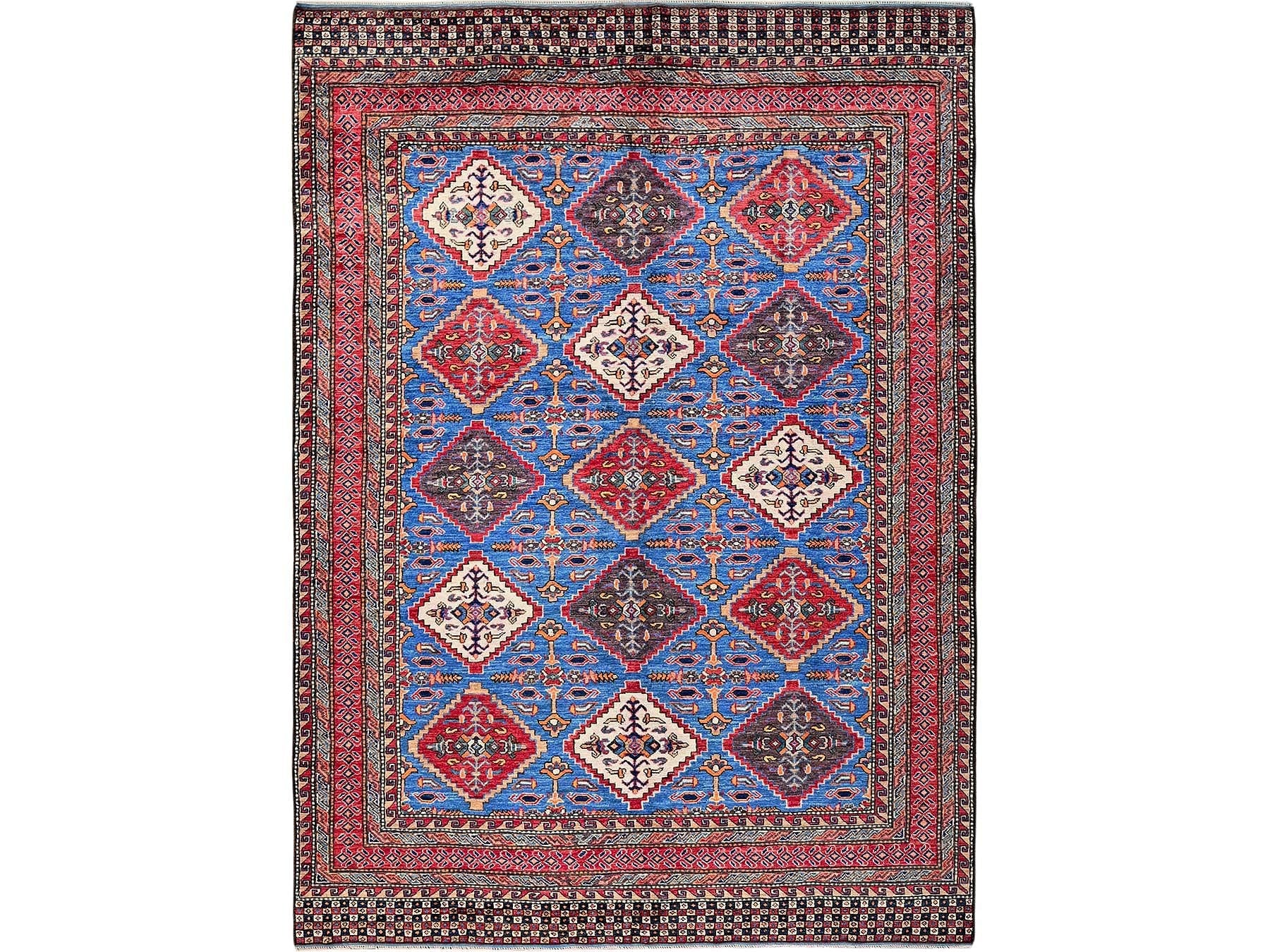 Ersari Kazak hand-knotted wool rug in Blue & Red, 6'1" x 8'6" — SKU O0577