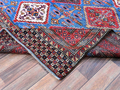 Ersari Kazak hand-knotted wool rug in Blue & Red, 6'1" x 8'6" — SKU O0577 (view 7)