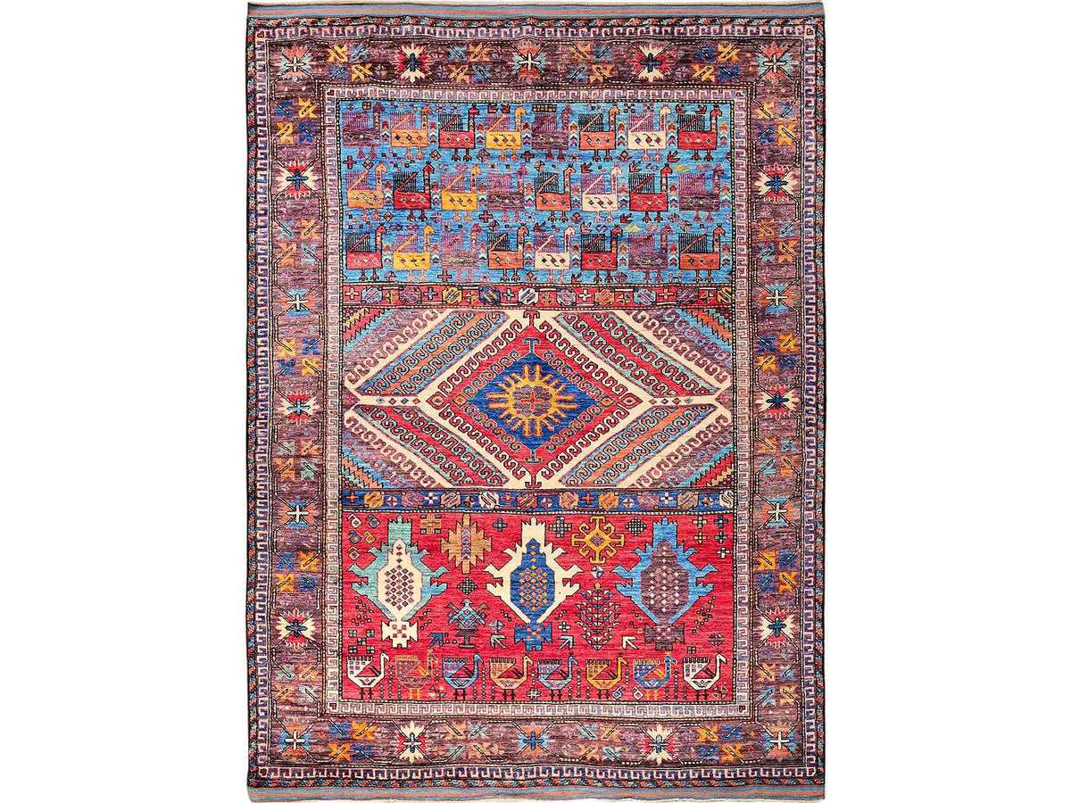 Ersari Kazak hand-knotted wool rug in Multicolored & Brown, 6'2" x 8'3" — SKU O0578