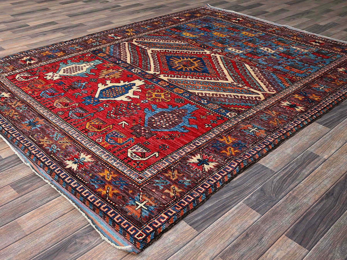 Ersari Kazak hand-knotted wool rug in Multicolored & Brown, 6'2" x 8'3" — SKU O0578 (view 4)