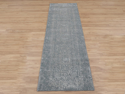 Grey 2'5" x 12'1" Modern / Contemporary Handloom Wool/Silk Rug - Sku: O058003