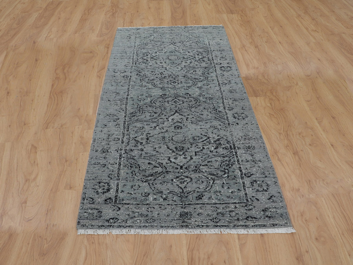 Transitional hand-knotted wool/silk runner in Gray, 2'10" x 8' — SKU O058022 (view 2)