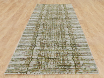 Grey 2'6" x 11'9" Modern / Contemporary Handloom Wool/Silk Rug - Sku: O058115
