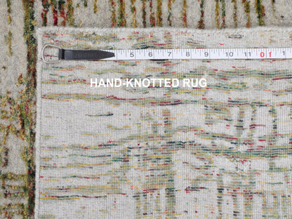Grey 2'6" x 11'9" Modern / Contemporary Handloom Wool/Silk Rug - Sku: O058115