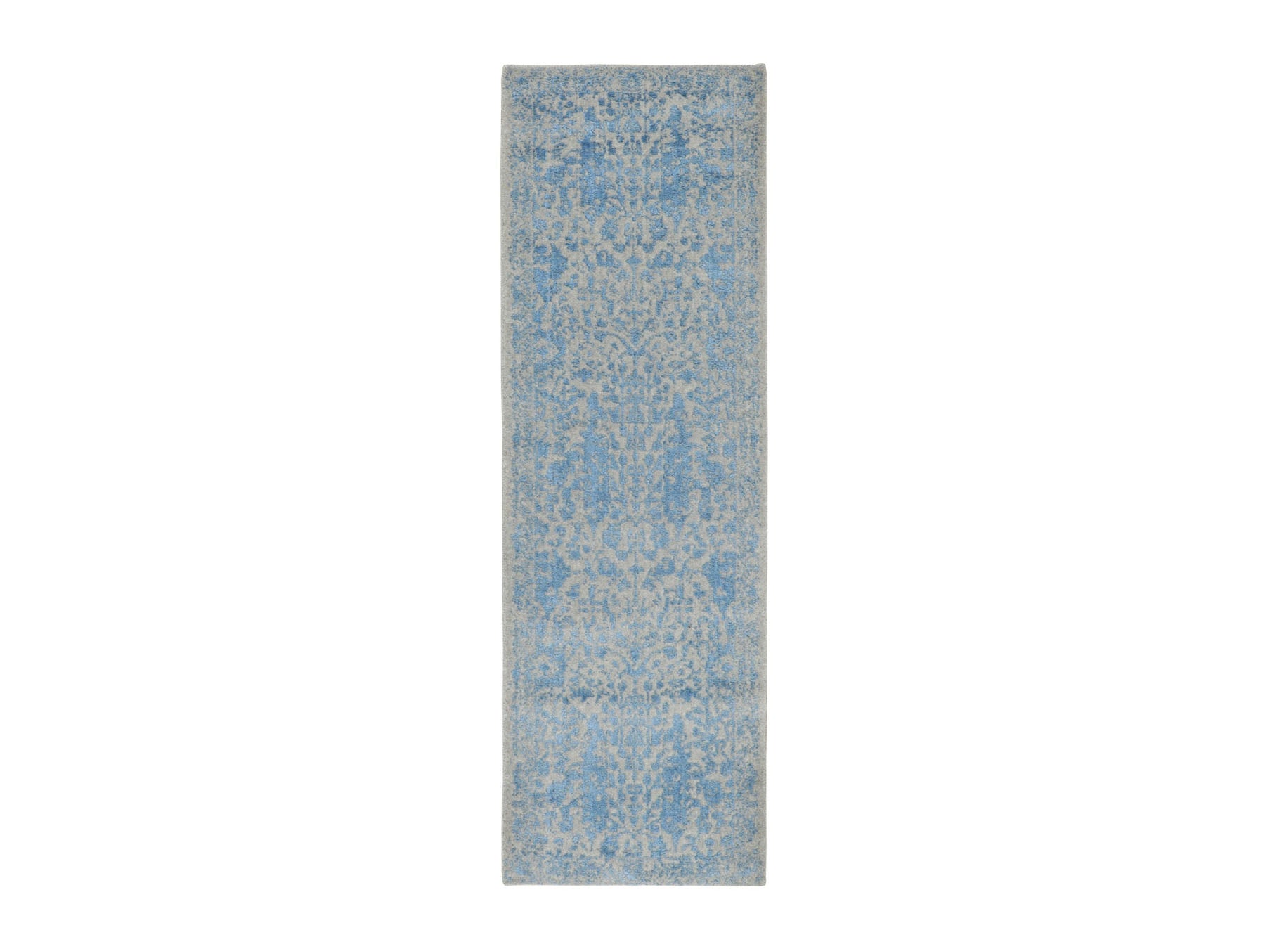 Transitional hand-knotted wool/silk runner in Blue, 2'5" x 8' — SKU O058116