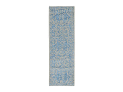 Transitional hand-knotted wool/silk runner in Blue, 2'5" x 8' — SKU O058116
