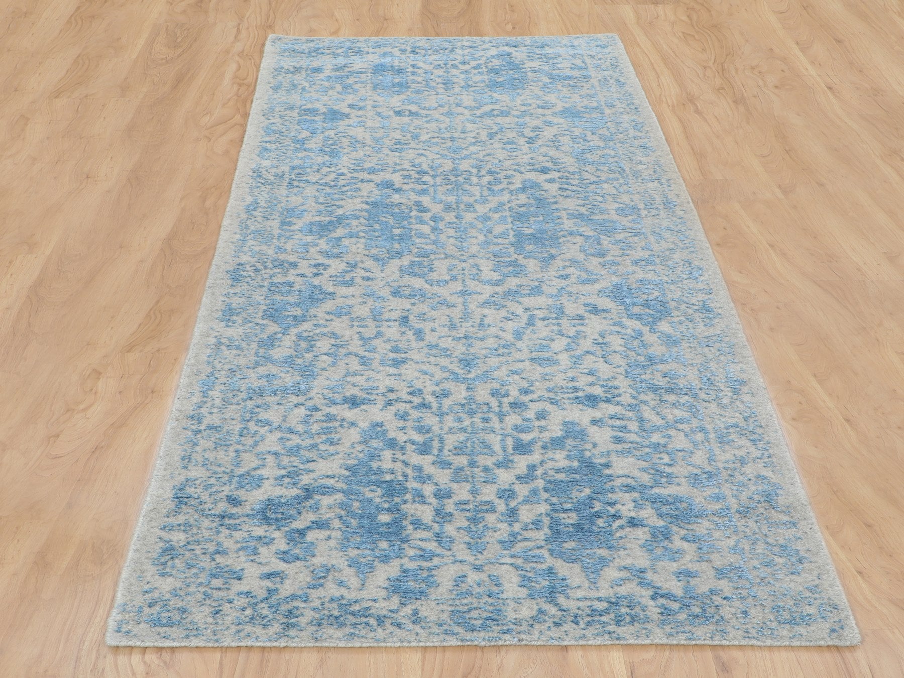 Transitional hand-knotted wool/silk runner in Blue, 2'5" x 8' — SKU O058116 (view 2)