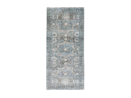 Blue 2'8" x 6'1" Mamluk Hand knotted Wool/Silk Rug - Sku: O058181