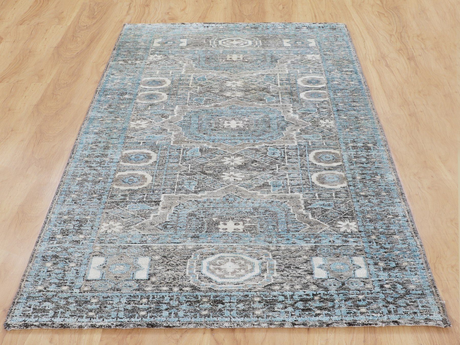 Mamluk Mamluk hand-knotted wool/silk runner in Blue & Sky Blue, 2'8" x 6'1" — SKU O058181 (view 2)