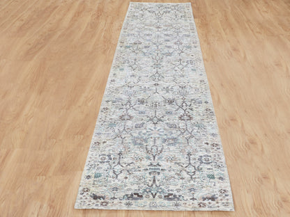Ivory 2'5" x 12'0" Transitional Hand knotted Wool/Silk Rug - Sku: O058197