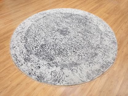 Grey 8'0" x 8'0" Transitional Hand knotted Wool/Silk Rug - Sku: O058385