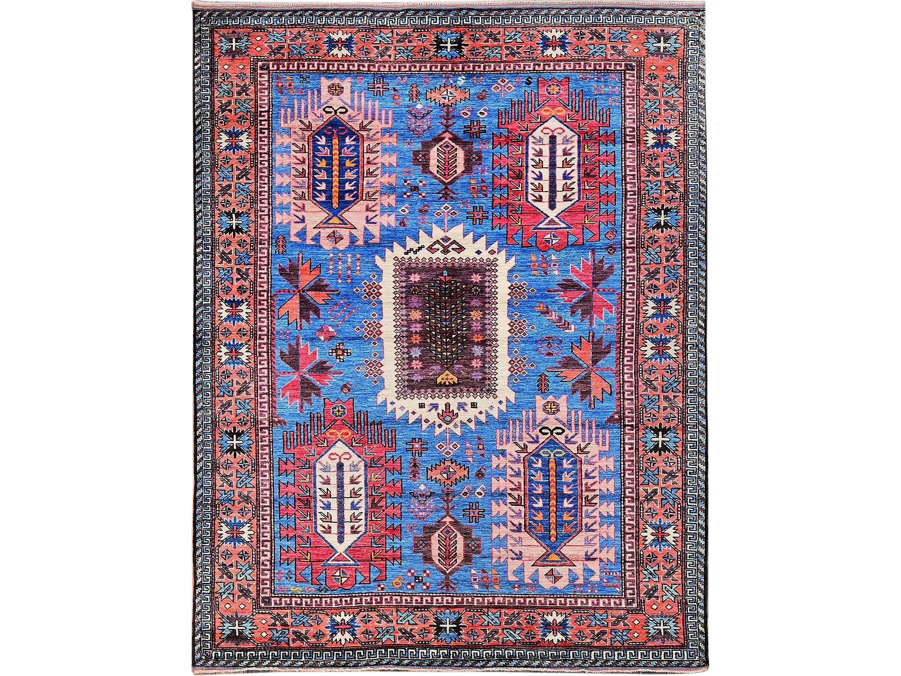 Ersari Kazak hand-knotted wool rug in Blue & Copper Red, 6' x 7'8" — SKU O0583