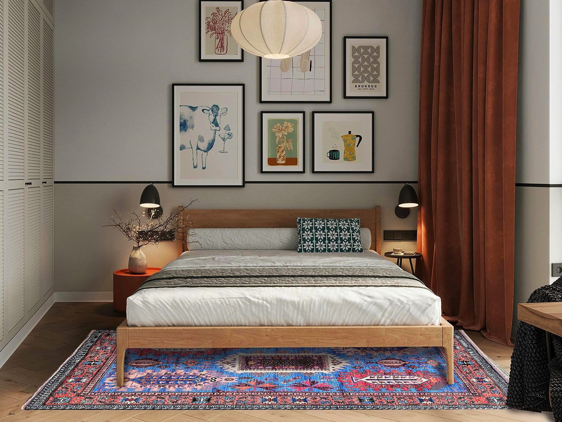 Ersari Kazak hand-knotted wool rug in Blue & Copper Red, 6' x 7'8" — SKU O0583 (view 2)