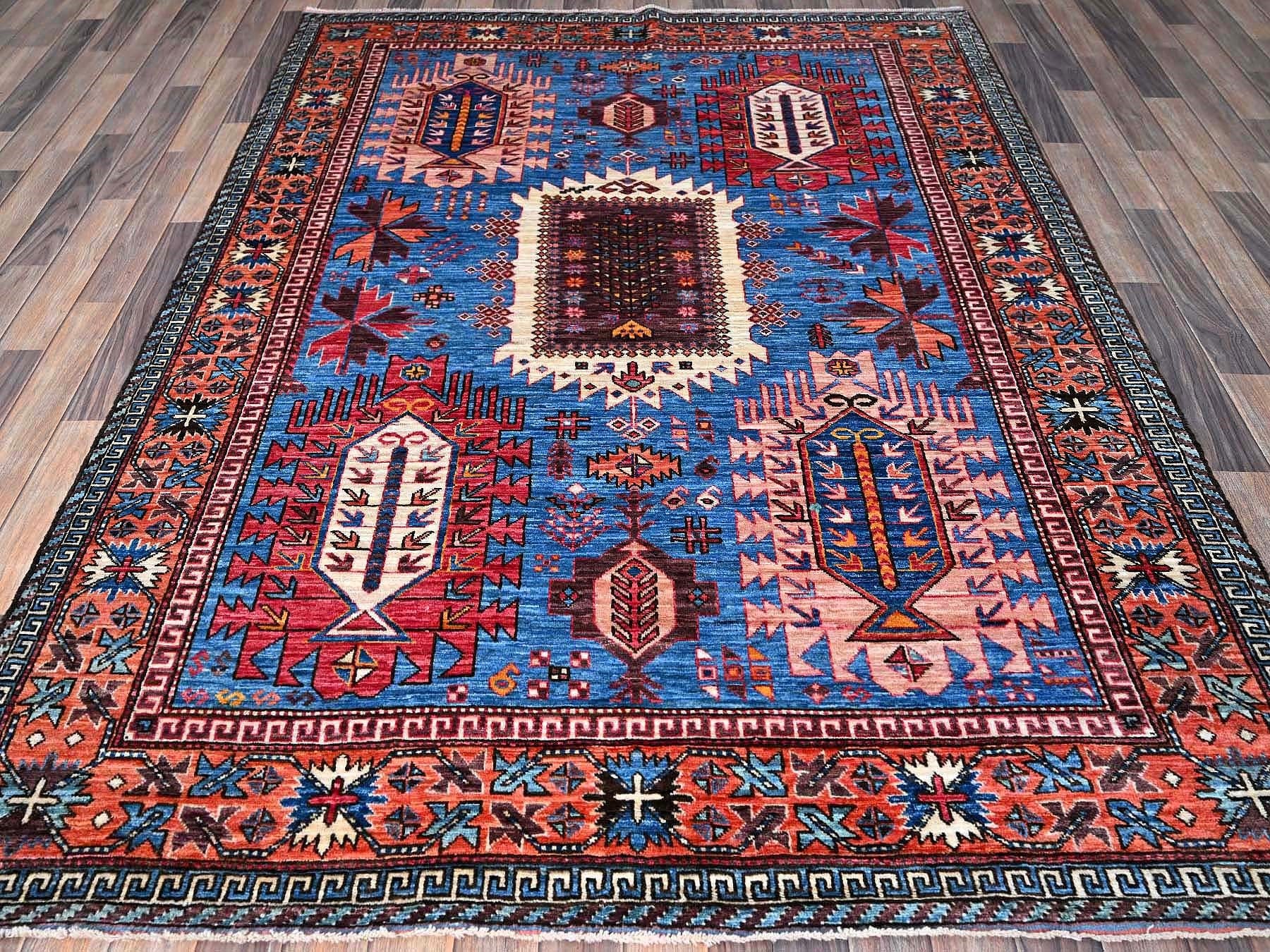 Ersari Kazak hand-knotted wool rug in Blue & Copper Red, 6' x 7'8" — SKU O0583 (view 3)