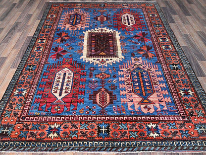 Ersari Kazak hand-knotted wool rug in Blue & Copper Red, 6' x 7'8" — SKU O0583 (view 3)