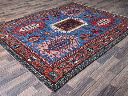 Blue 6'0" x 7'8" Kazak Hand knotted Wool Rug - Sku: O0583