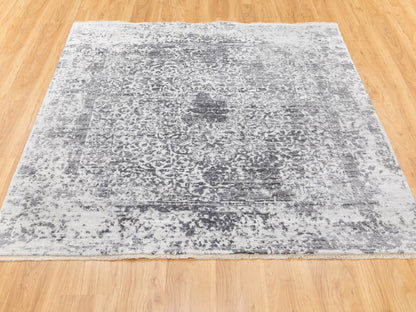 Grey 6'2" x 6'2" Transitional Hand knotted Wool/Silk Rug - Sku: O058407