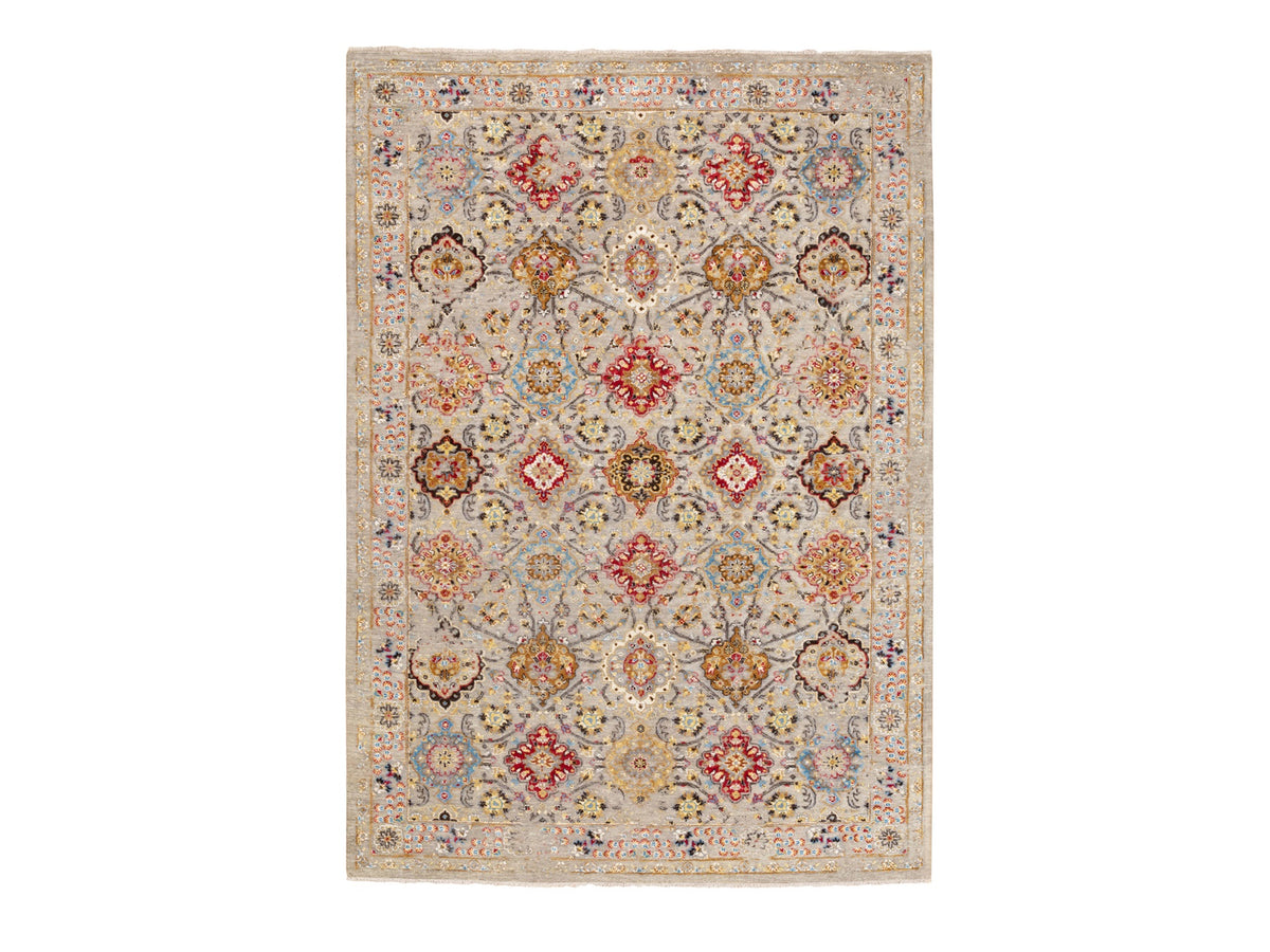 Transitional hand-knotted wool/pure silk rug in Beige, 6'1" x 9' — SKU O058443