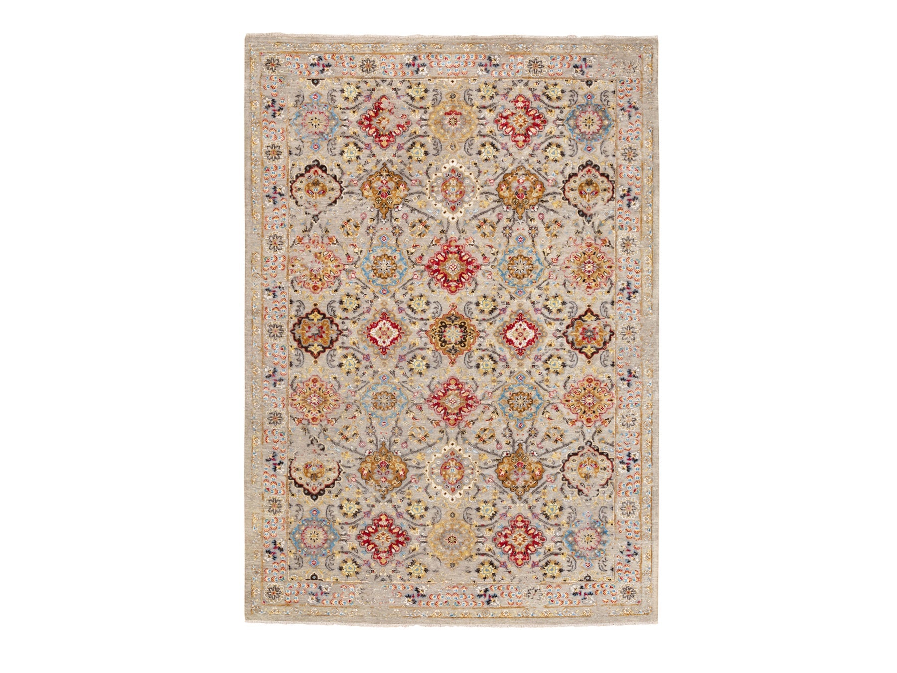 Transitional hand-knotted wool/pure silk rug in Beige, 6'1" x 9' — SKU O058443