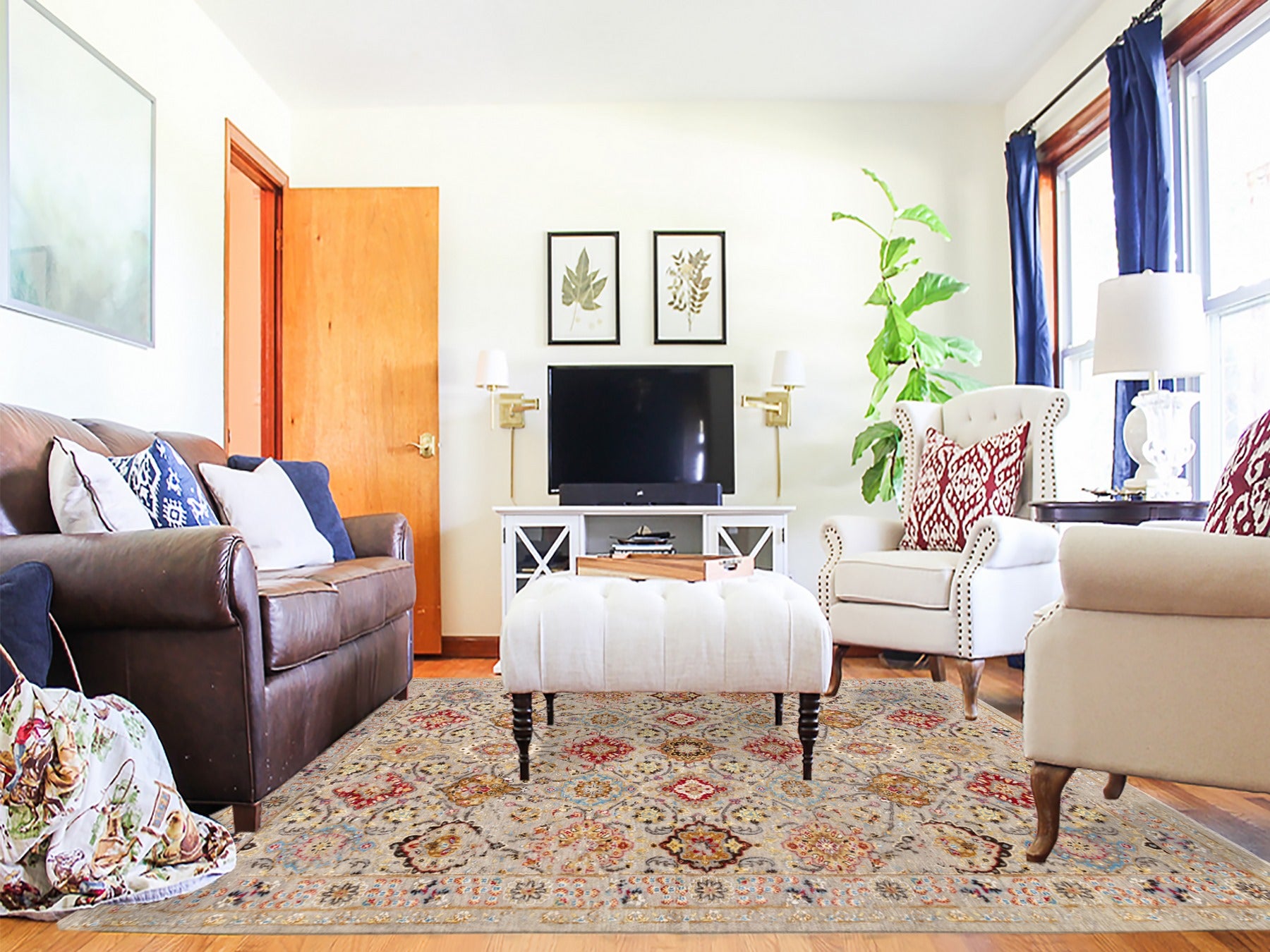 Transitional hand-knotted wool/pure silk rug in Beige, 6'1" x 9' — SKU O058443 (view 2)